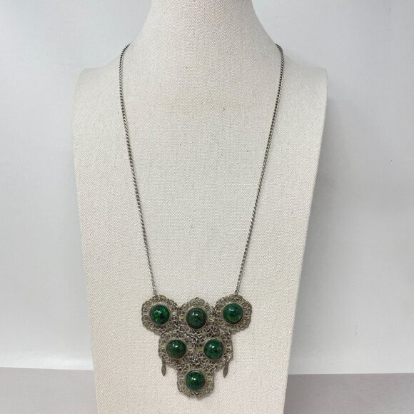 Vintage Boho Necklace Marked Jerusalem Green Natural‎ Funky Long Bib Silver-Tone - Picture 1 of 12
